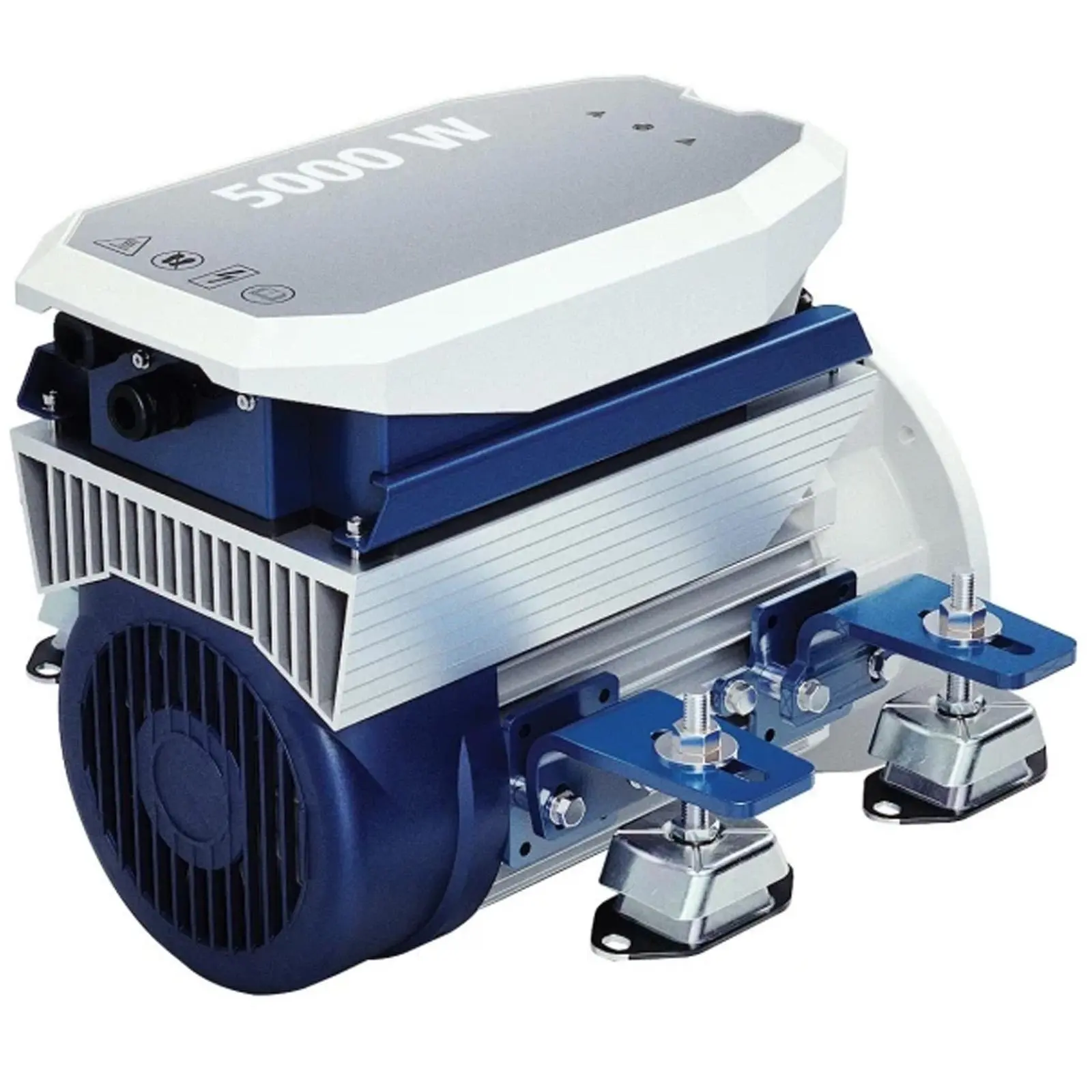 A 5000W power generator with blue and silver components and mounting brackets.