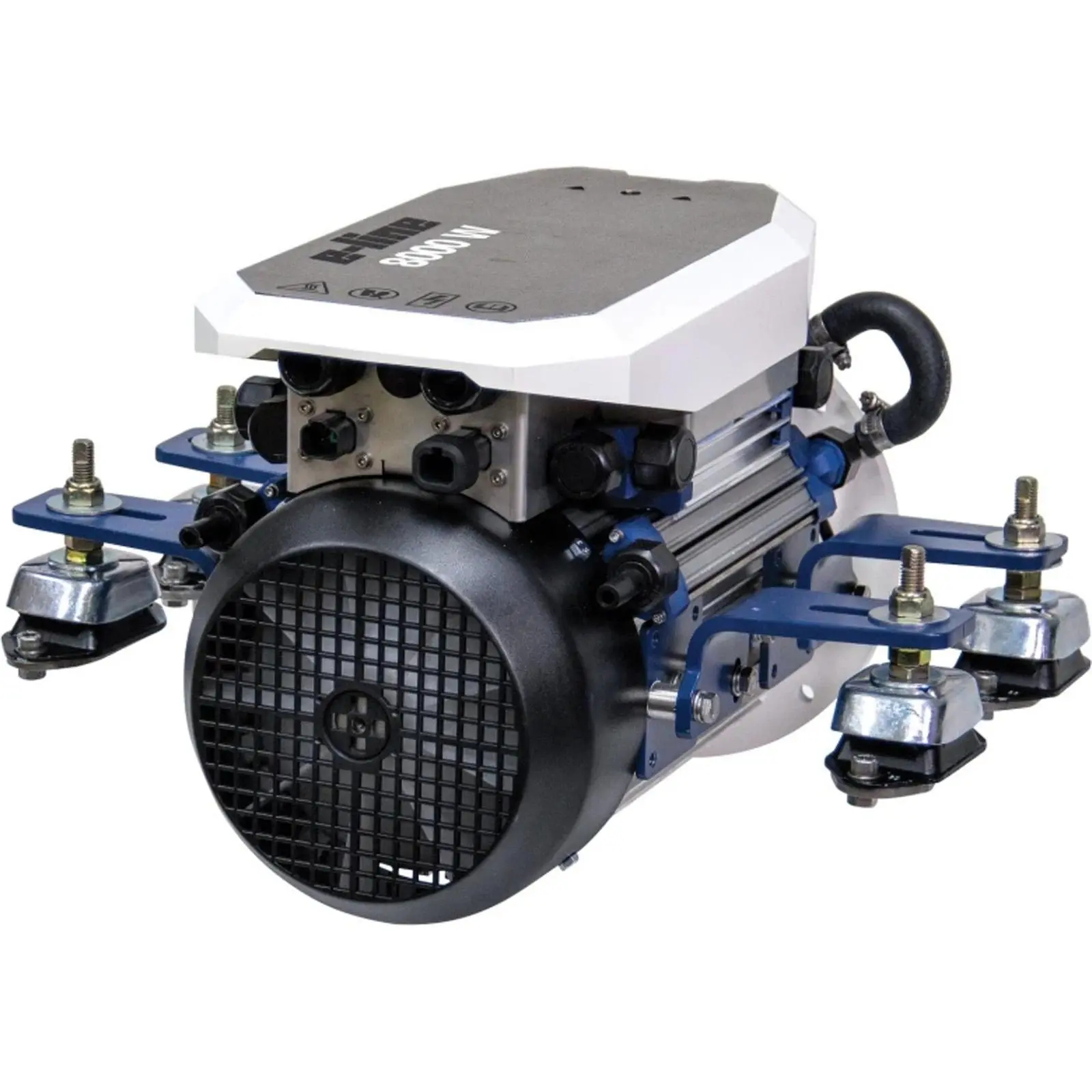 Compact industrial machine with black fan and blue metallic components.
