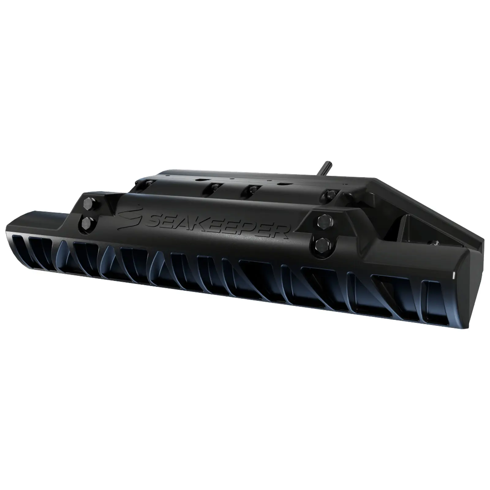 90686_a Black mechanical device with vent-like pattern and mounting points.
