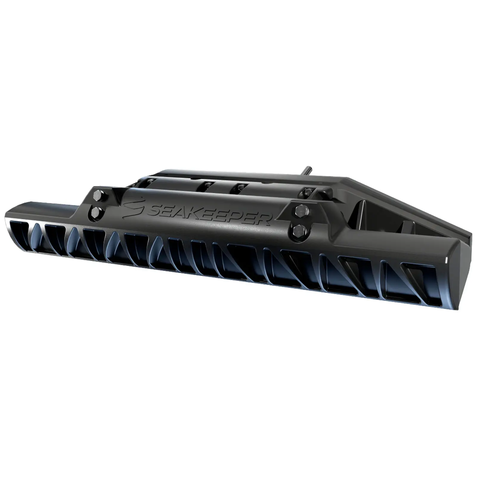 90687_a A black mechanical device with multiple vent-like openings and bolts.