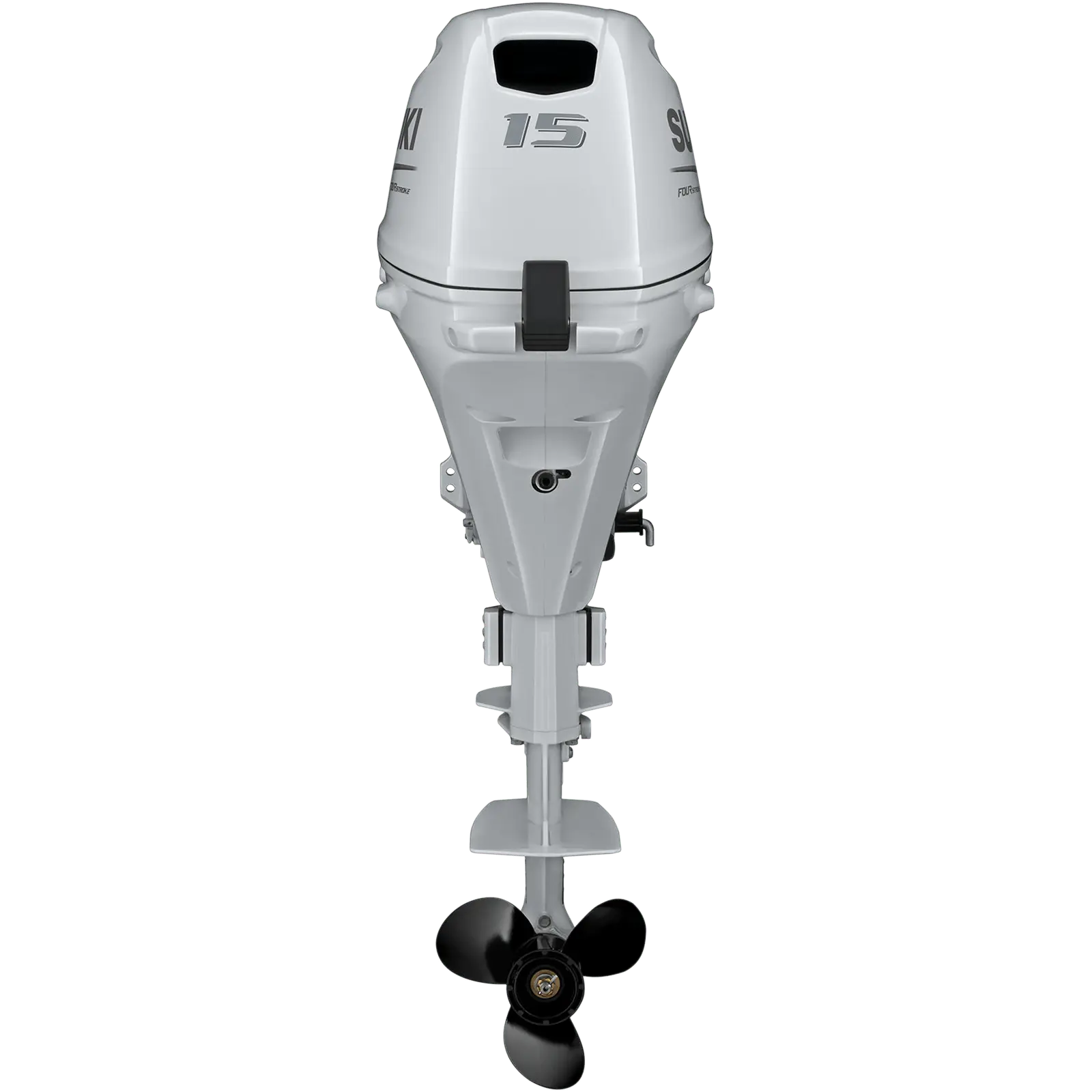 A white outboard motor with black propeller and handle.
