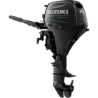 A sleek black outboard motor with propeller and handle.