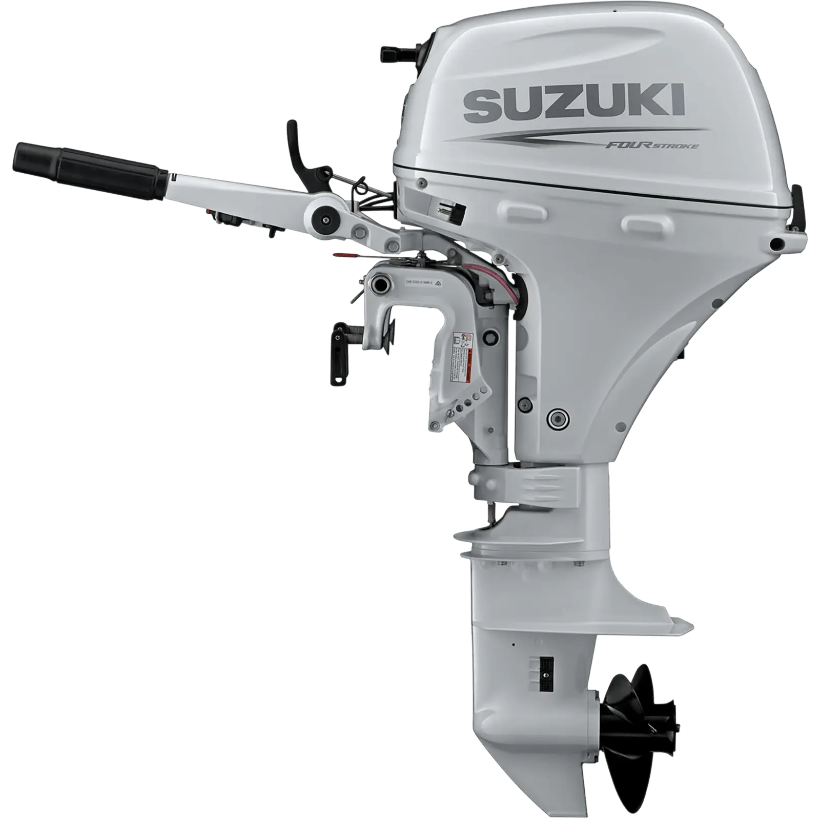 A white outboard motor with black propeller and control handle.