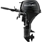 A sleek black outboard motor with handle and propeller.