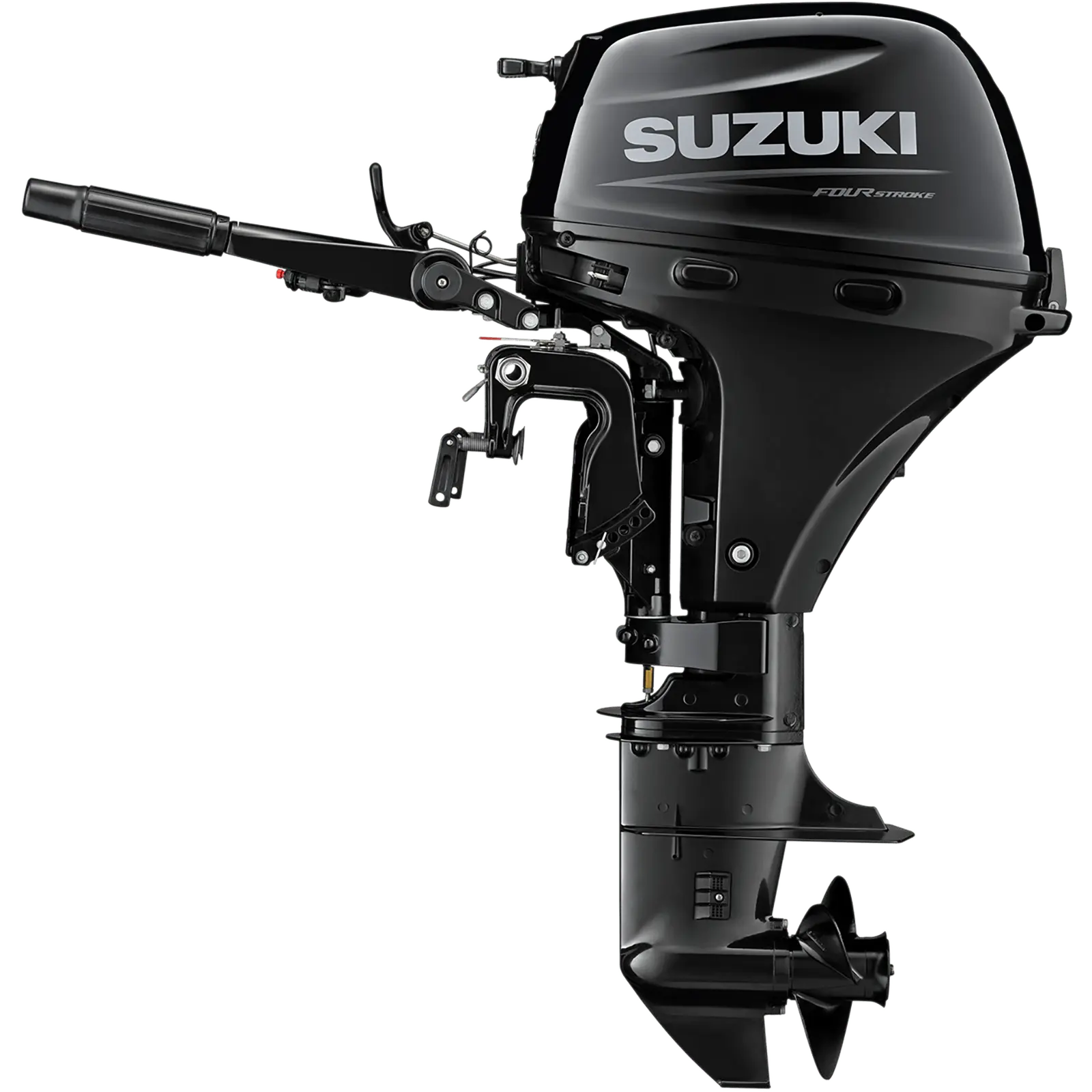 A sleek black outboard motor with handle and propeller.