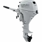 White outboard motor with black propeller and handle.