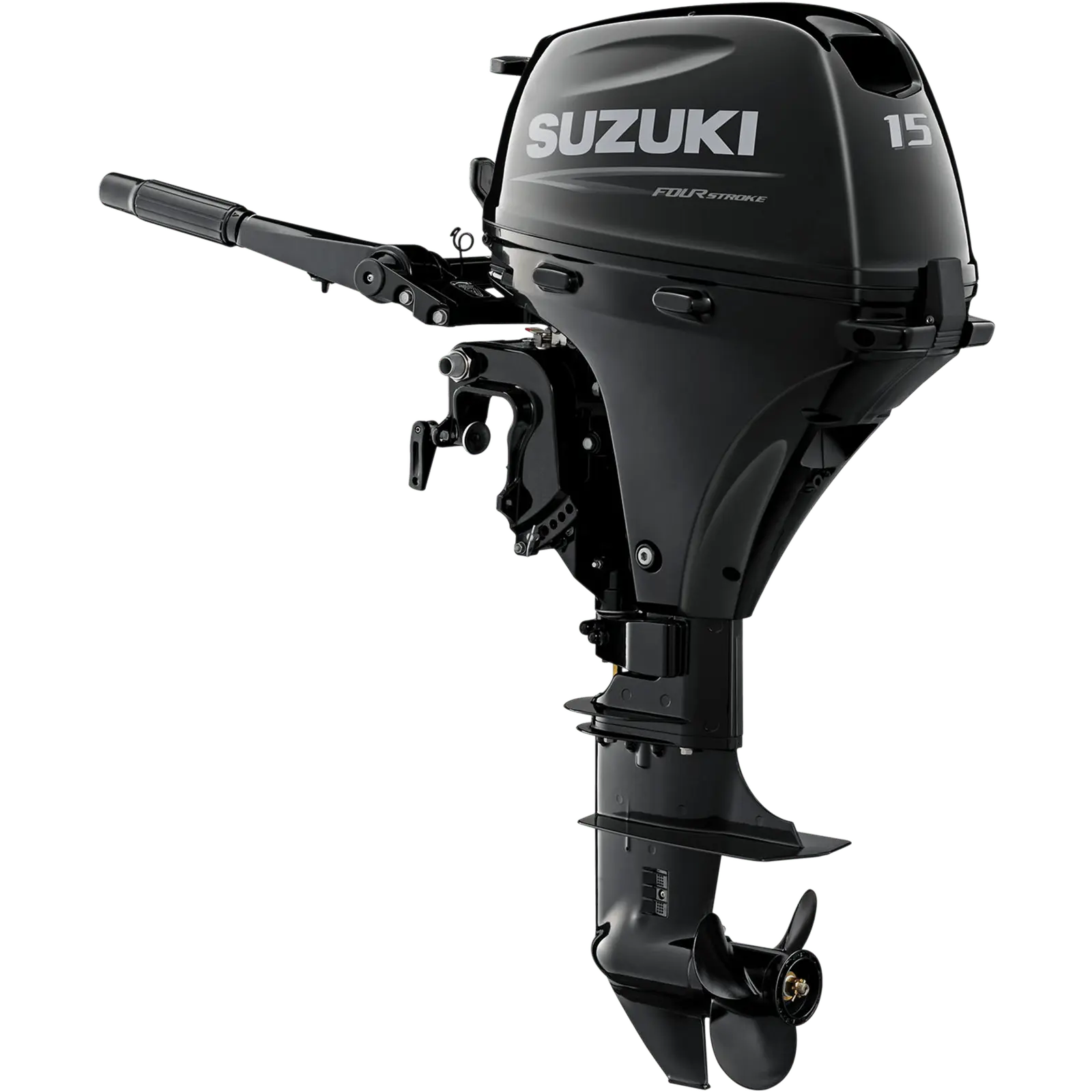 A sleek black outboard motor with propeller and handle.