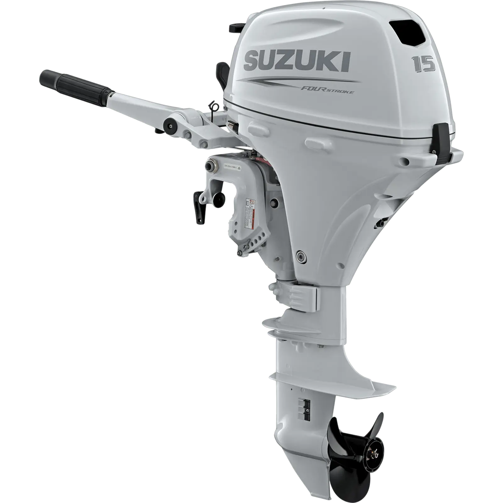 DF15ATHL5_a A white outboard motor with black propeller and handle.