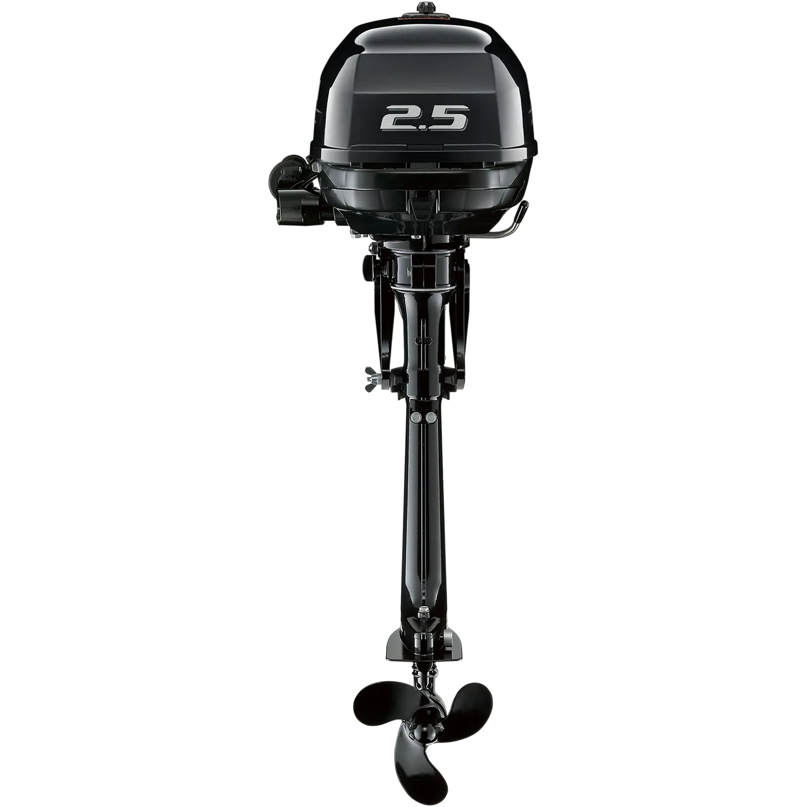 DF2.5S5_a A black outboard motor with 2.5 horsepower rating and propeller at bottom.