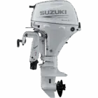 A white outboard motor with mechanical arm and propeller.