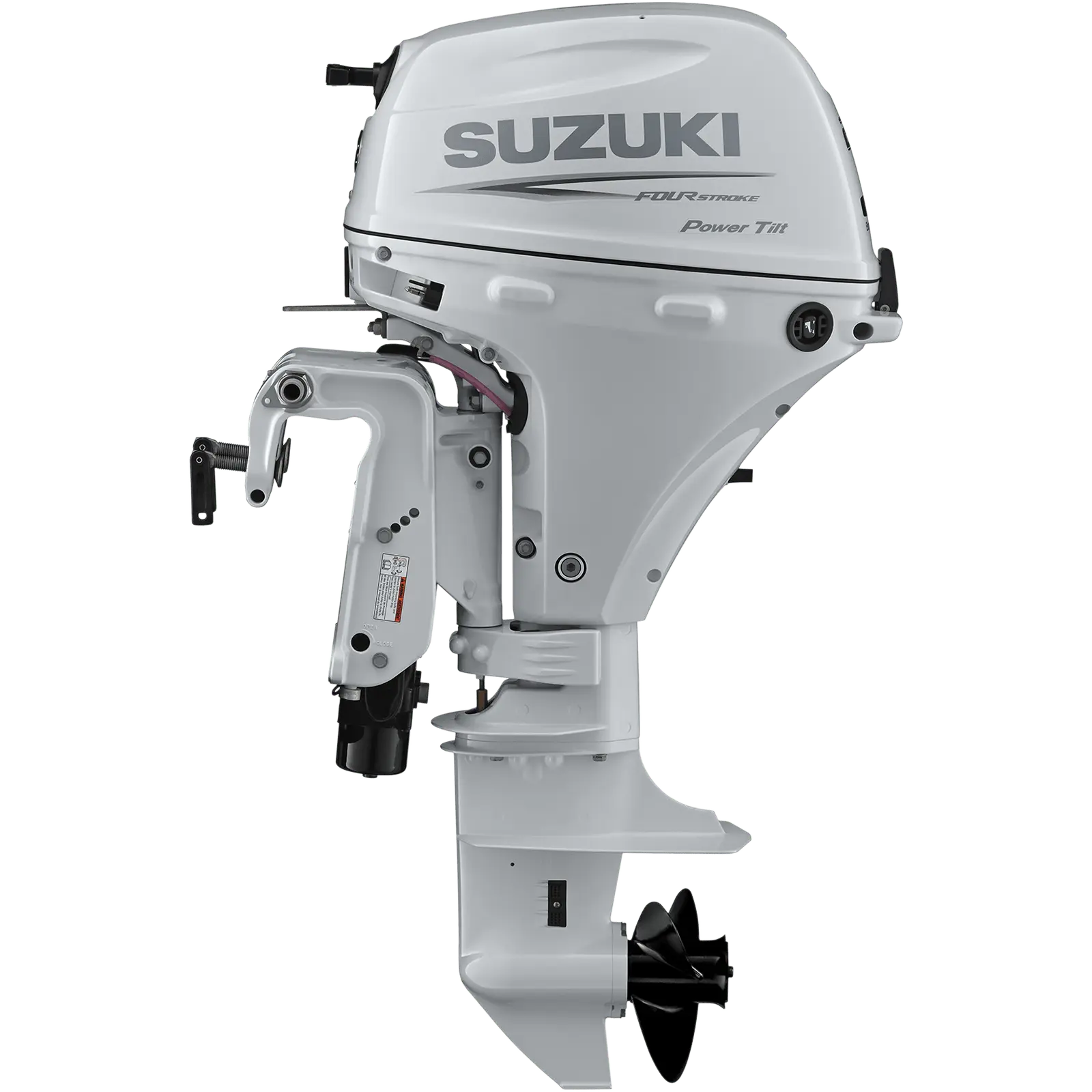 A white outboard motor with mechanical arm and propeller.