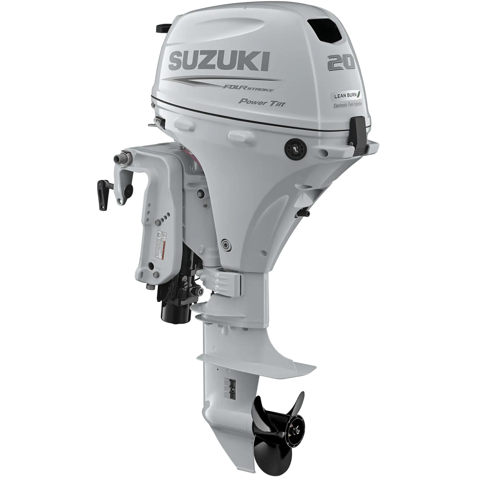 DF20ATL5_a A white outboard motor with black propeller and control arm.
