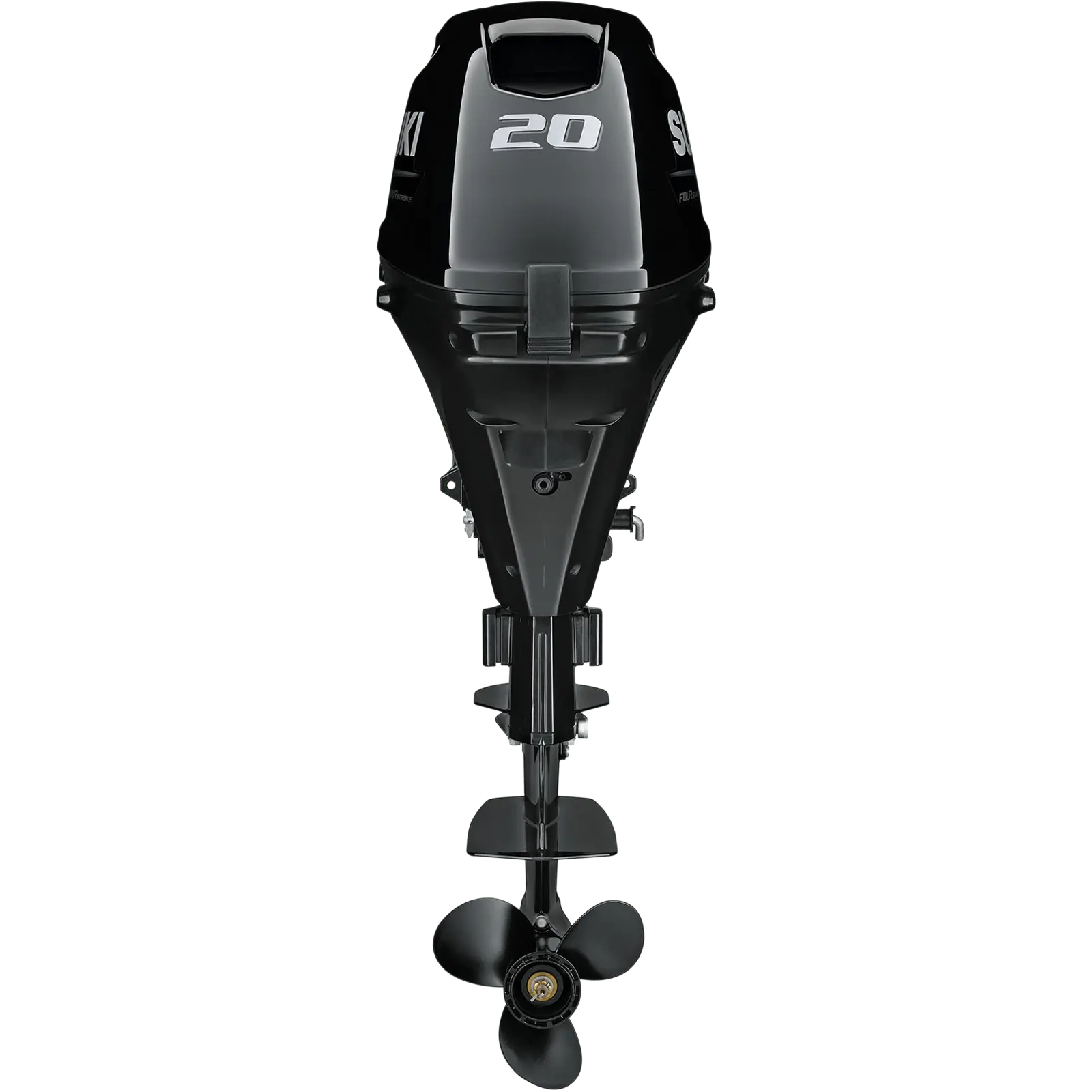 A black outboard motor with propeller and number 20 on top.
