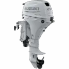 A white outboard motor with black propeller and control arm.
