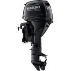 A sleek black outboard motor with propeller and control arm.