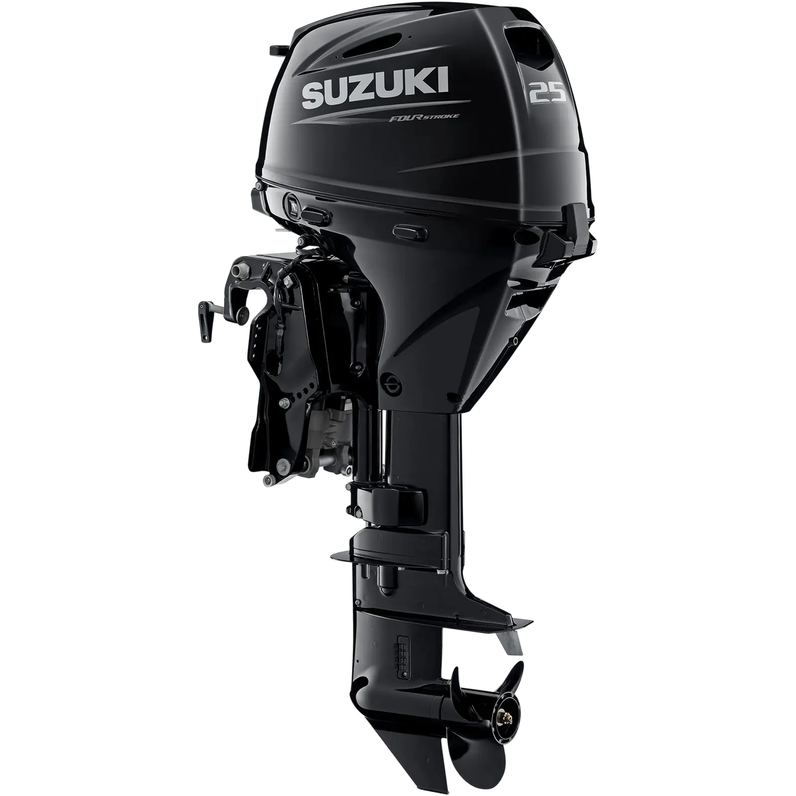 DF25AES5_a A sleek black outboard motor with propeller and control arm.