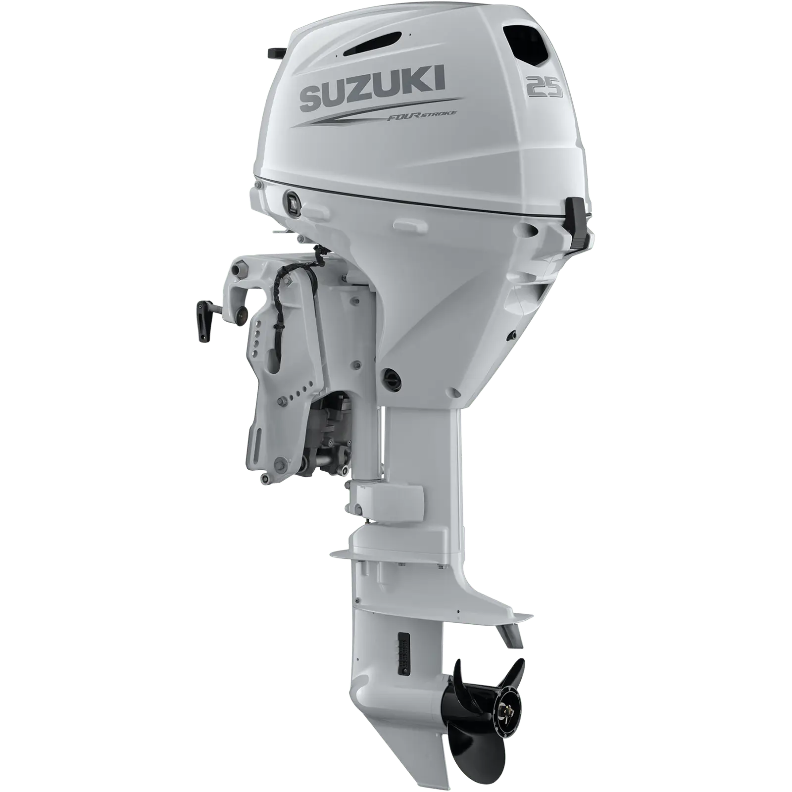 A white outboard motor with propeller and Suzuki branding.