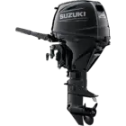 A sleek black outboard motor with propeller and handlebars.