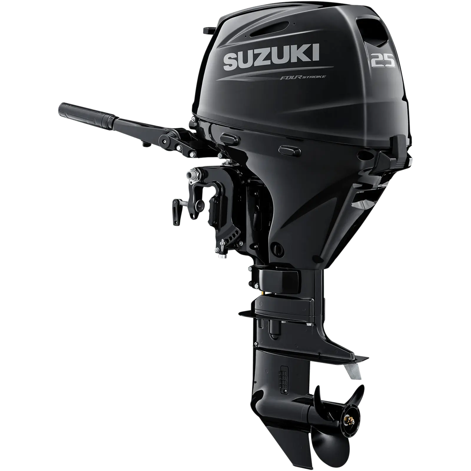 A sleek black outboard motor with propeller and handlebars.