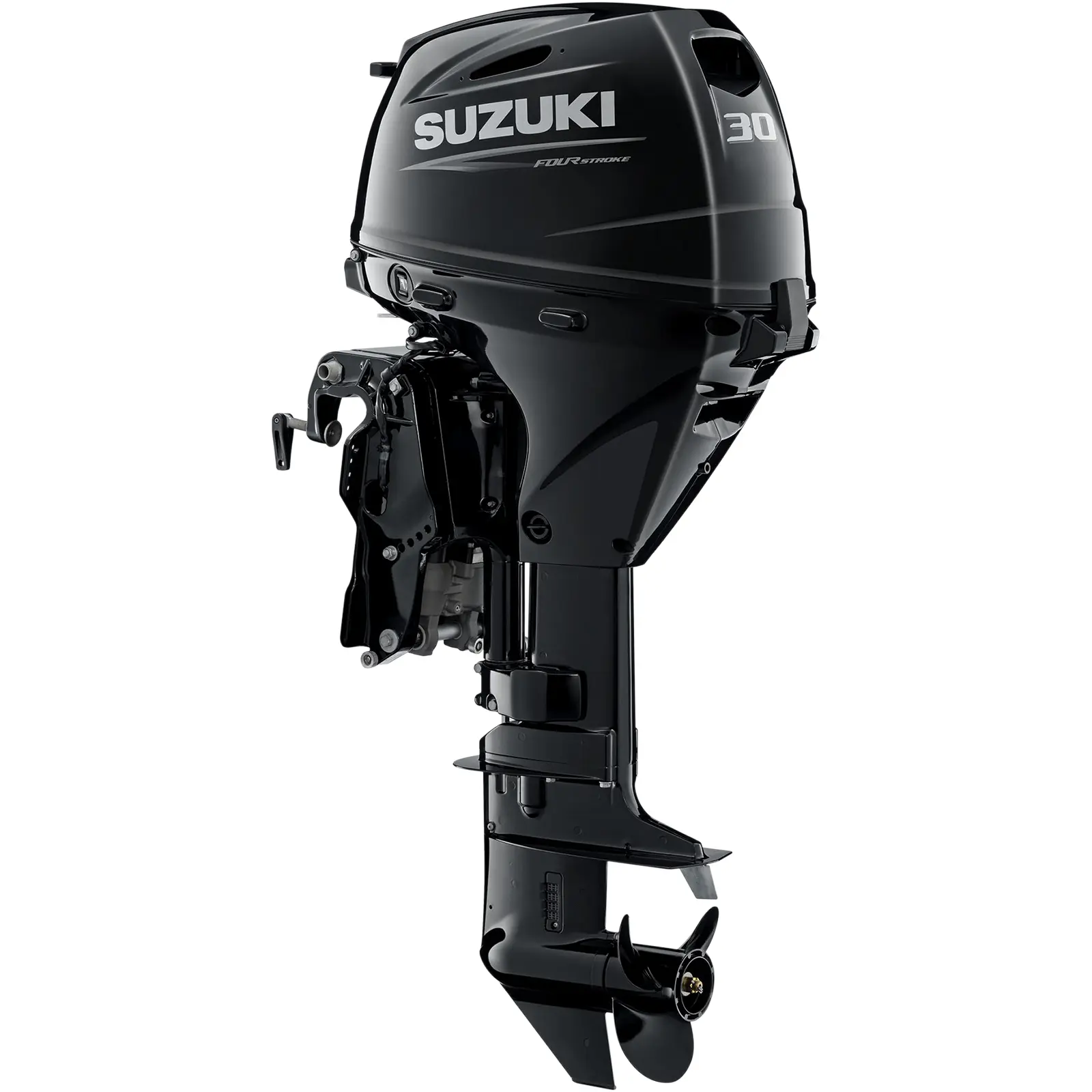 DF30ATHL5_a A sleek black outboard motor with propeller and control arm.