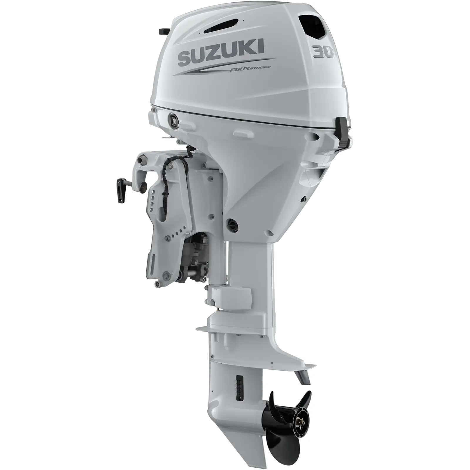 White outboard motor with propeller and control arm.