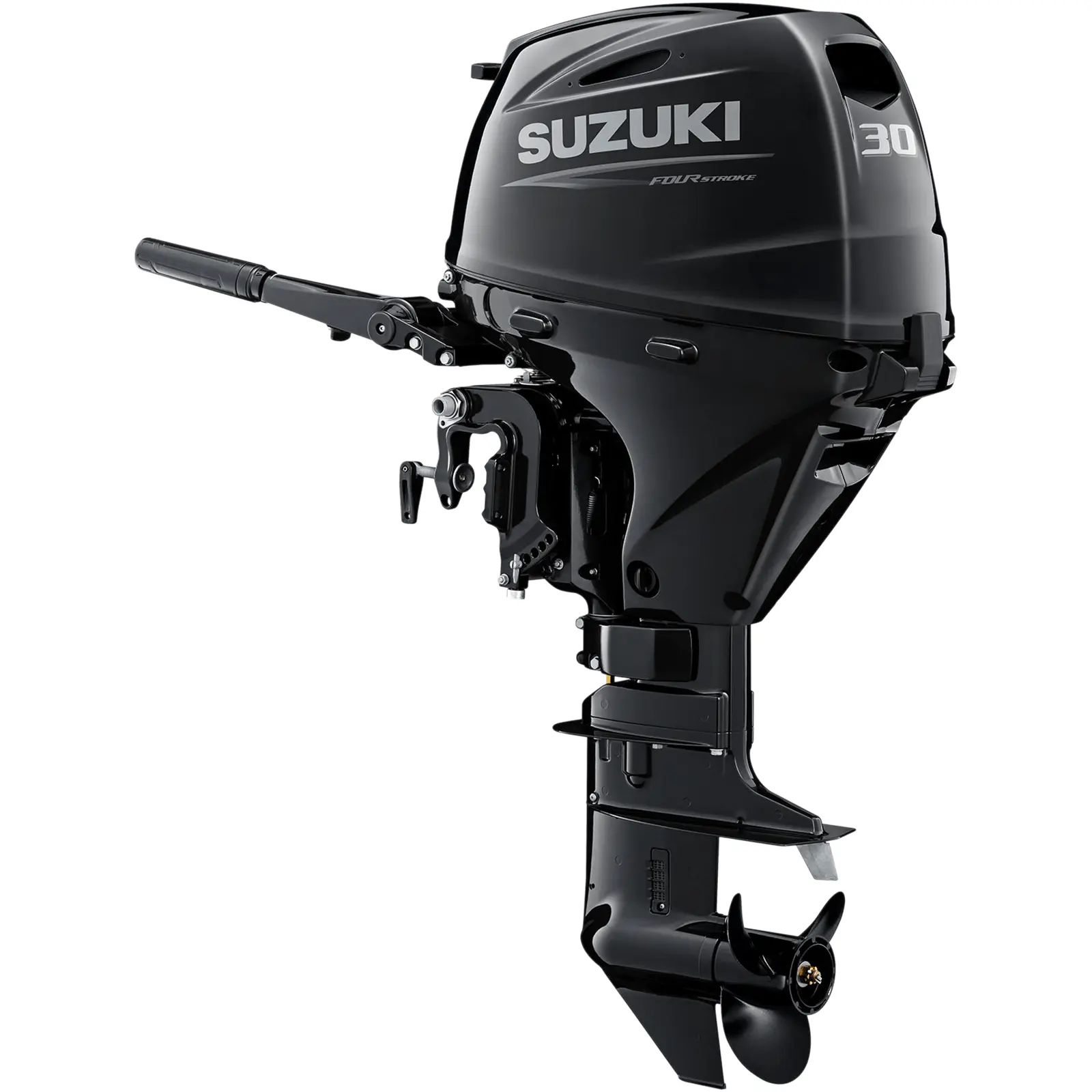 A sleek black outboard motor with propeller and control handle.