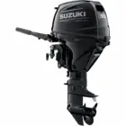 A sleek black outboard motor with propeller and handle is displayed against white background.