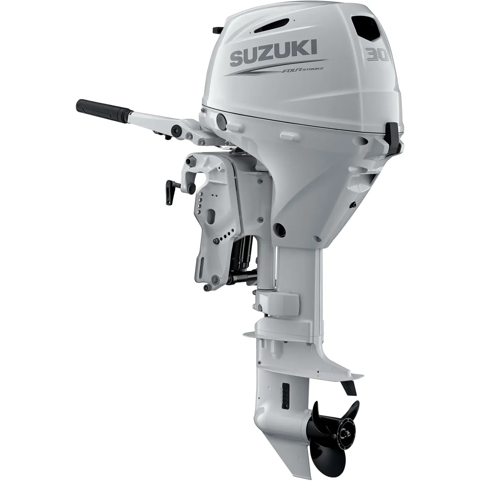 A white outboard motor with black propeller and handle.