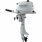 A white outboard motor with handle and propeller is shown against plain background.