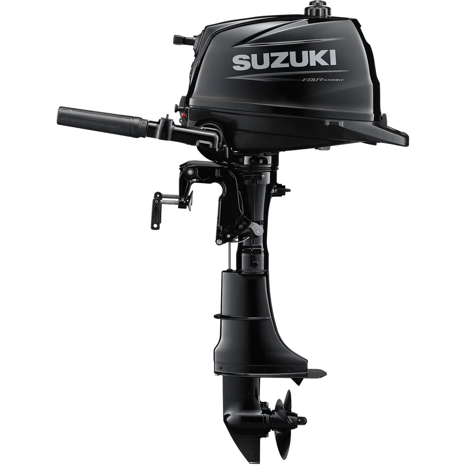 A sleek black outboard motor with handle and propeller.
