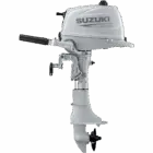 A white outboard motor with black handle and propeller at bottom.