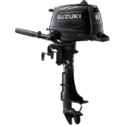 A black outboard motor with handle and propeller attached.