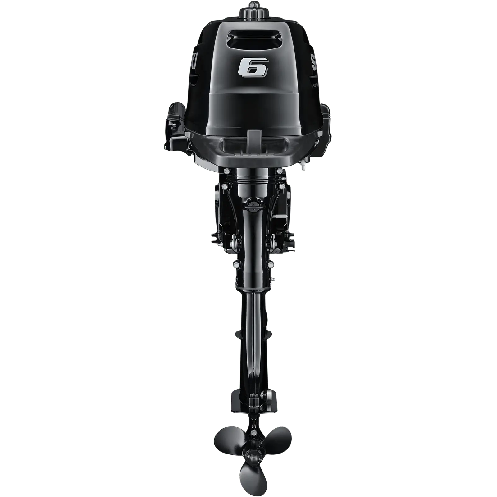 A black outboard motor with propeller and number six on top.