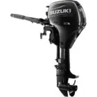 A sleek black outboard motor with handle and propeller.