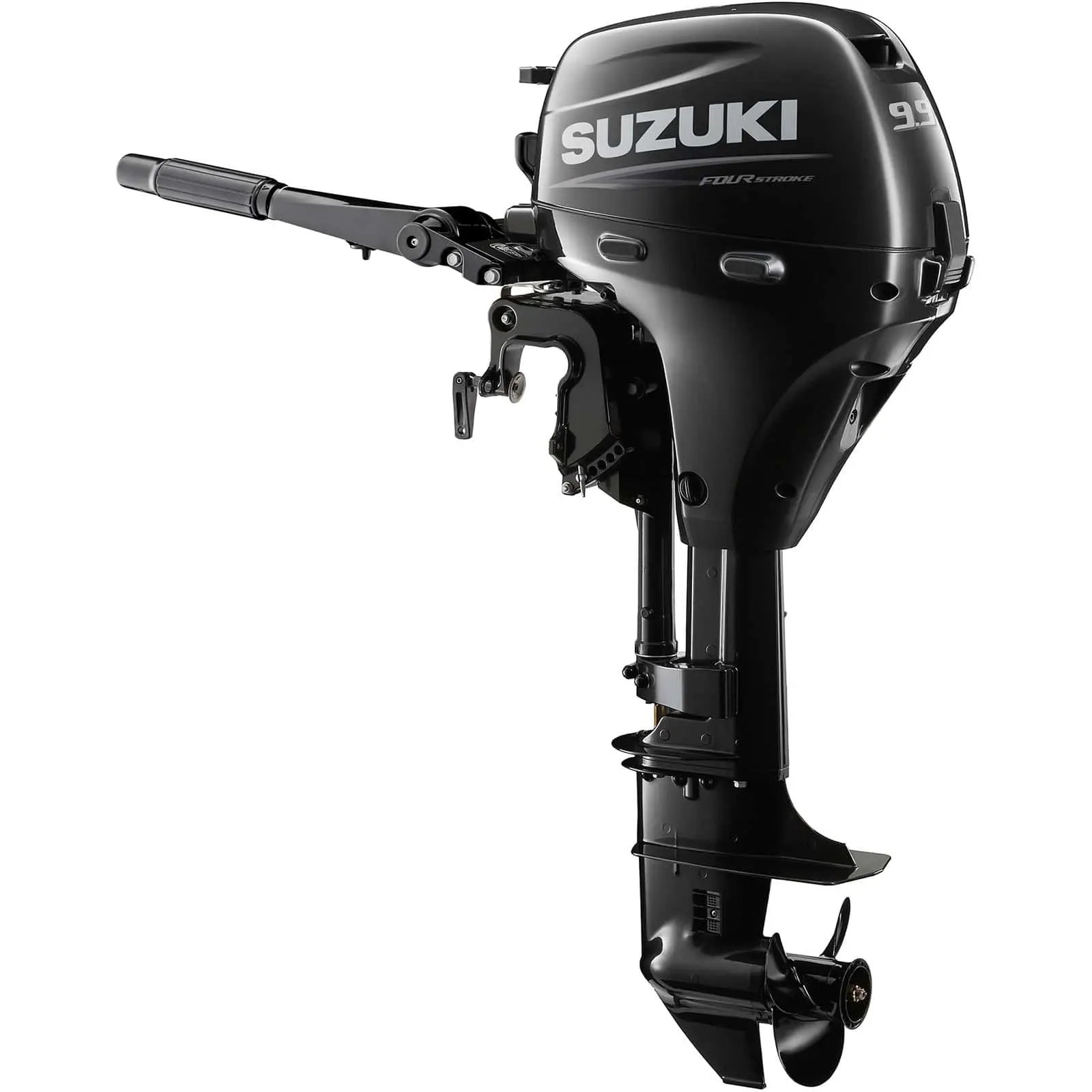 DF9.9BTS5_a A sleek black outboard motor with handle and propeller.