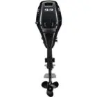 A black outboard motor with propeller and handle is shown against white background.