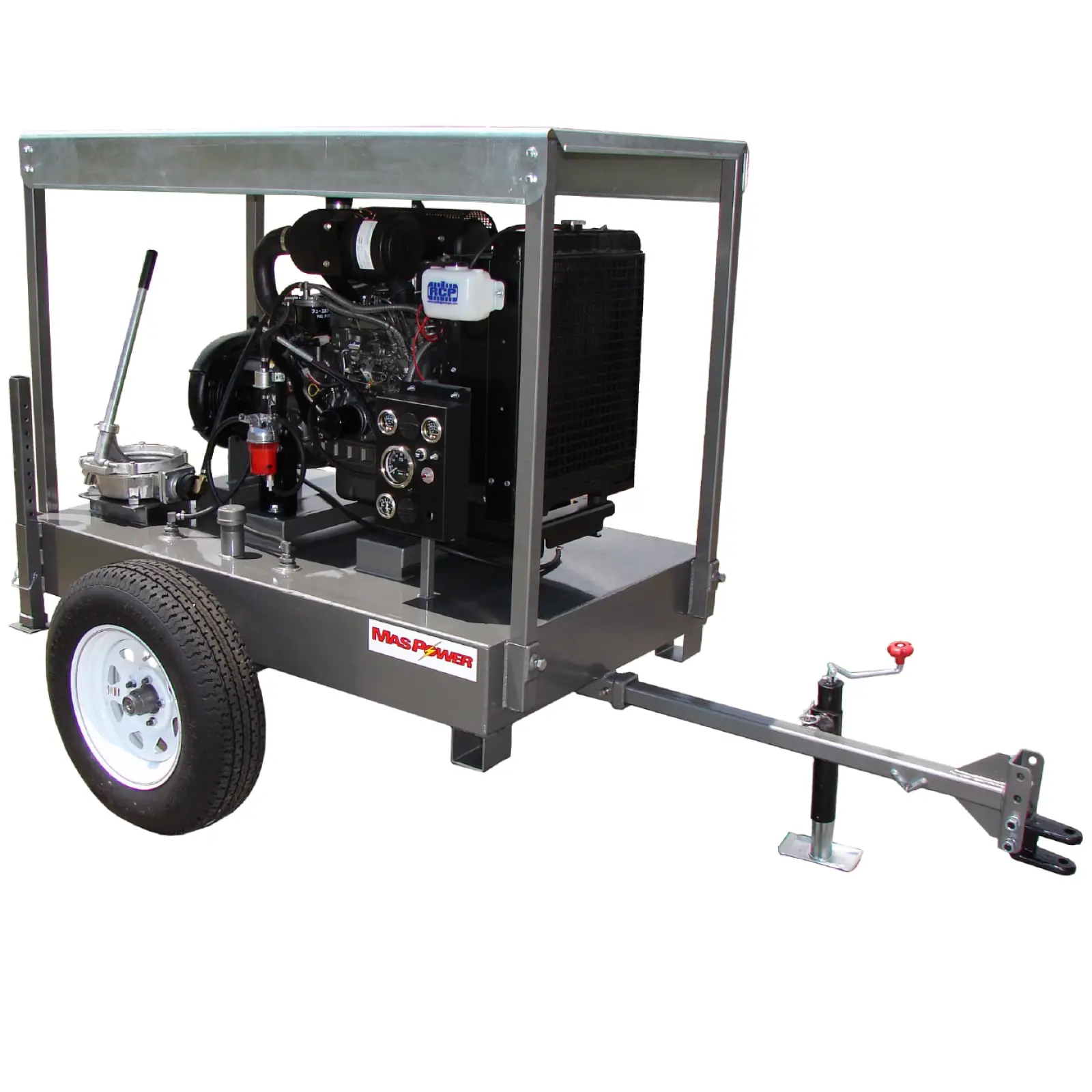 Portable generator on trailer with handle and wheel for mobility.