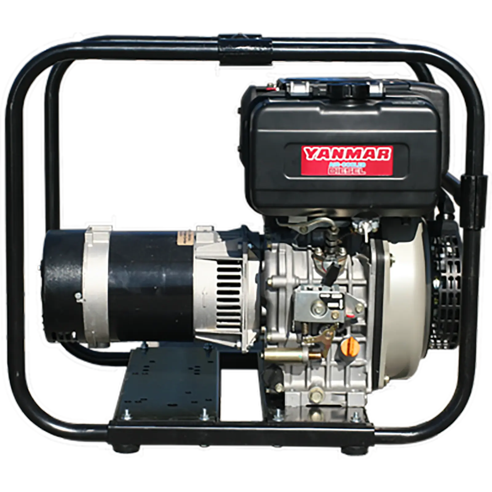 MasPower-Portable-Series_a A Yanmar diesel engine with exposed components and protective frame.