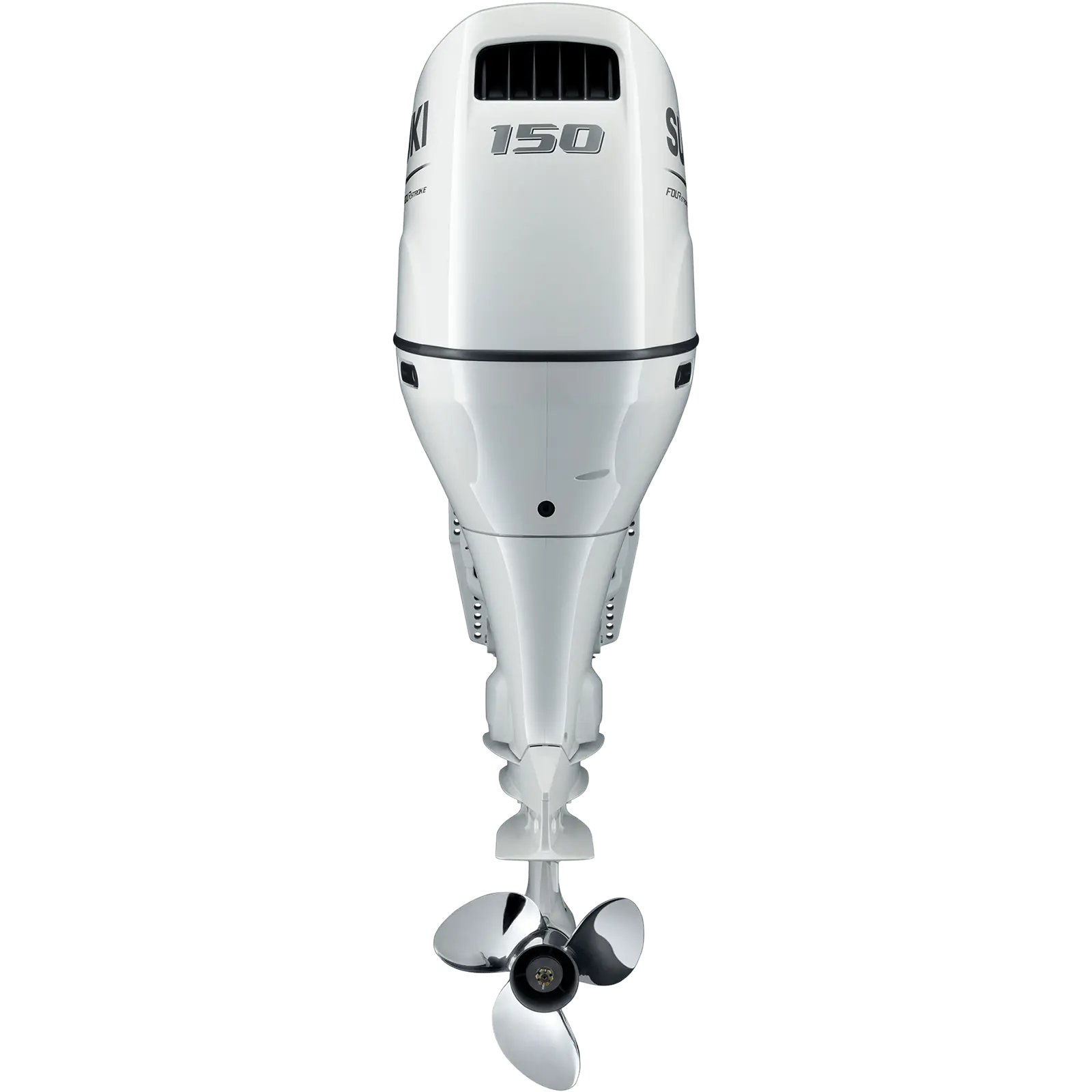 White outboard motor with 150 horsepower rating and three-blade propeller.