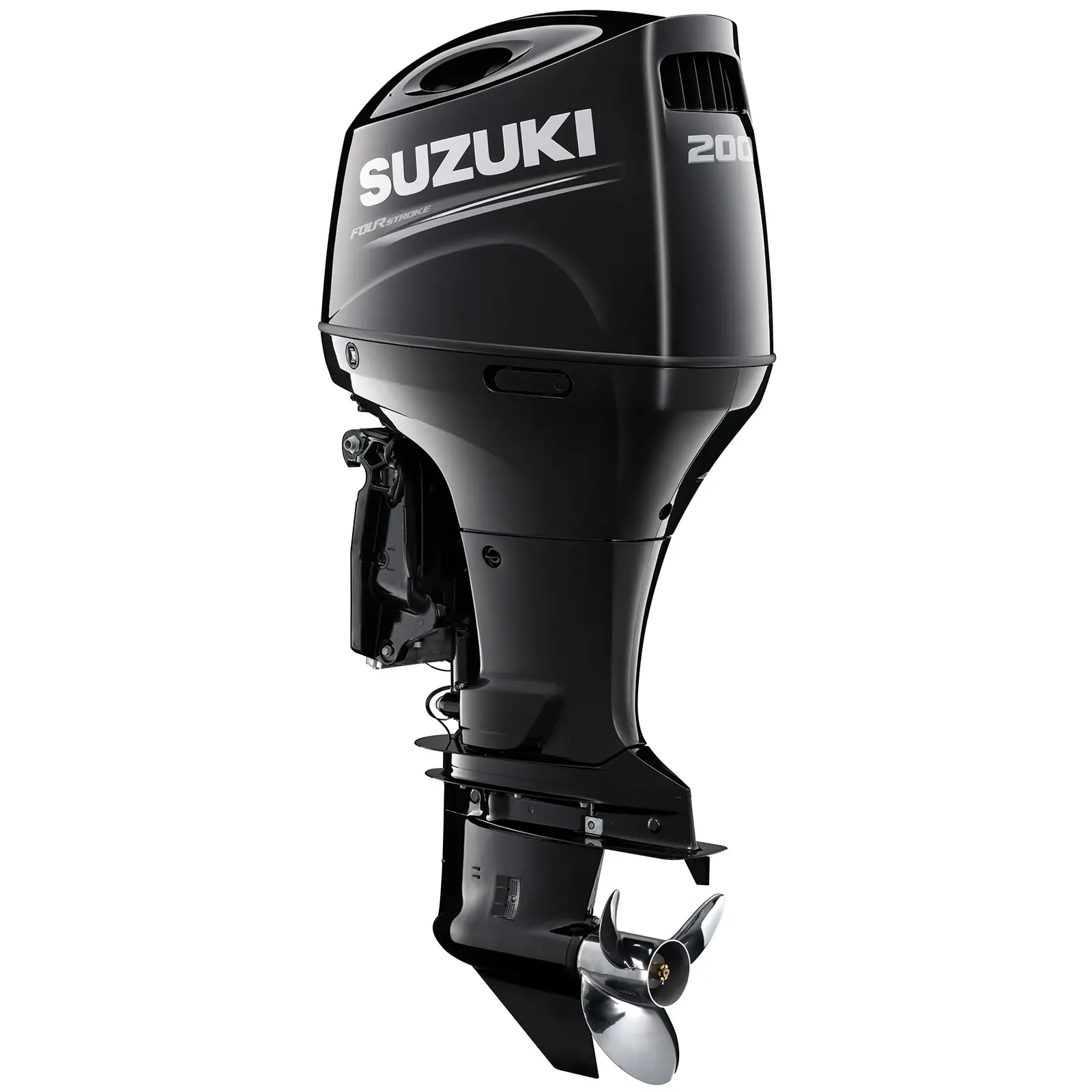 A sleek black outboard motor with propeller and branding details.