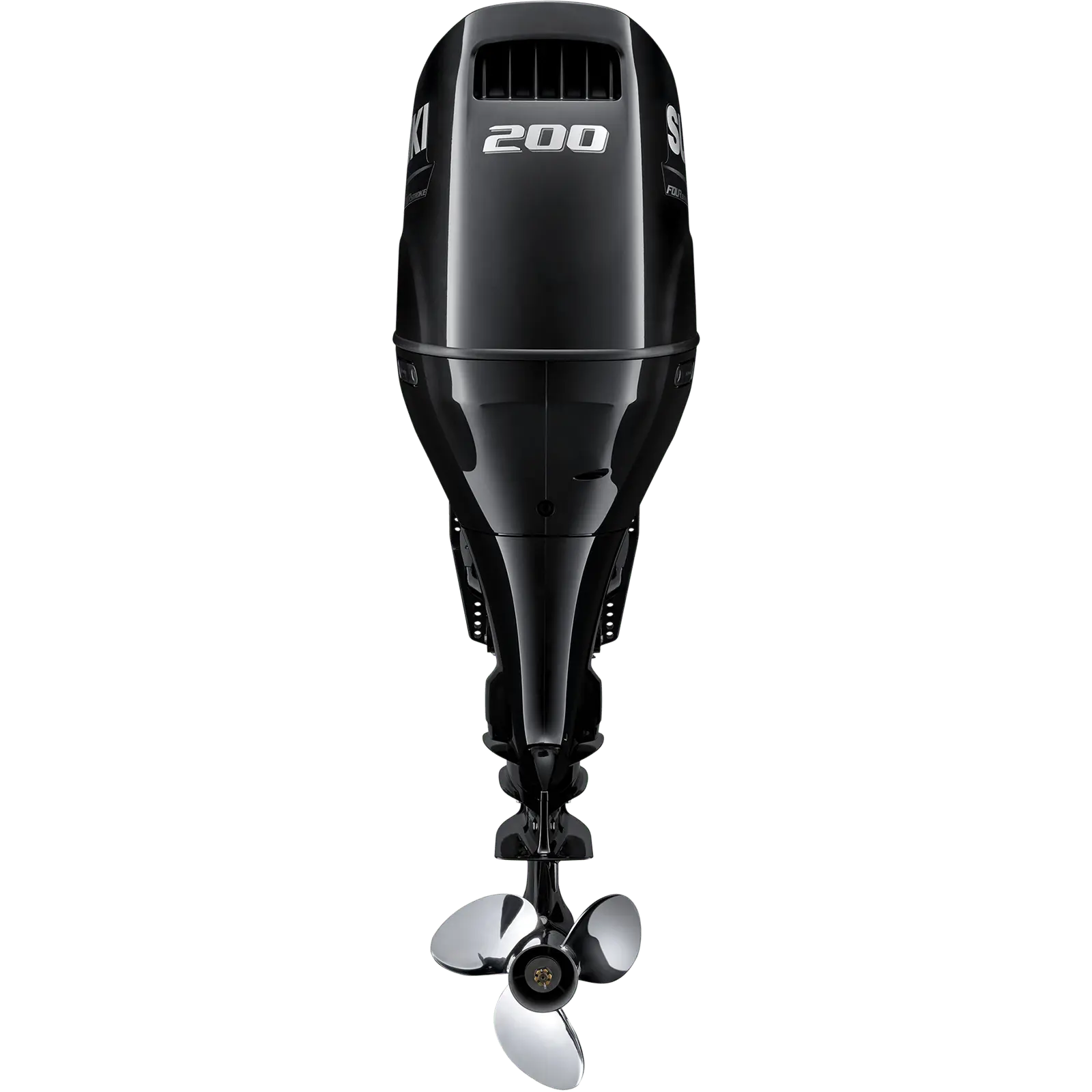 A black outboard motor with propeller and venting details.