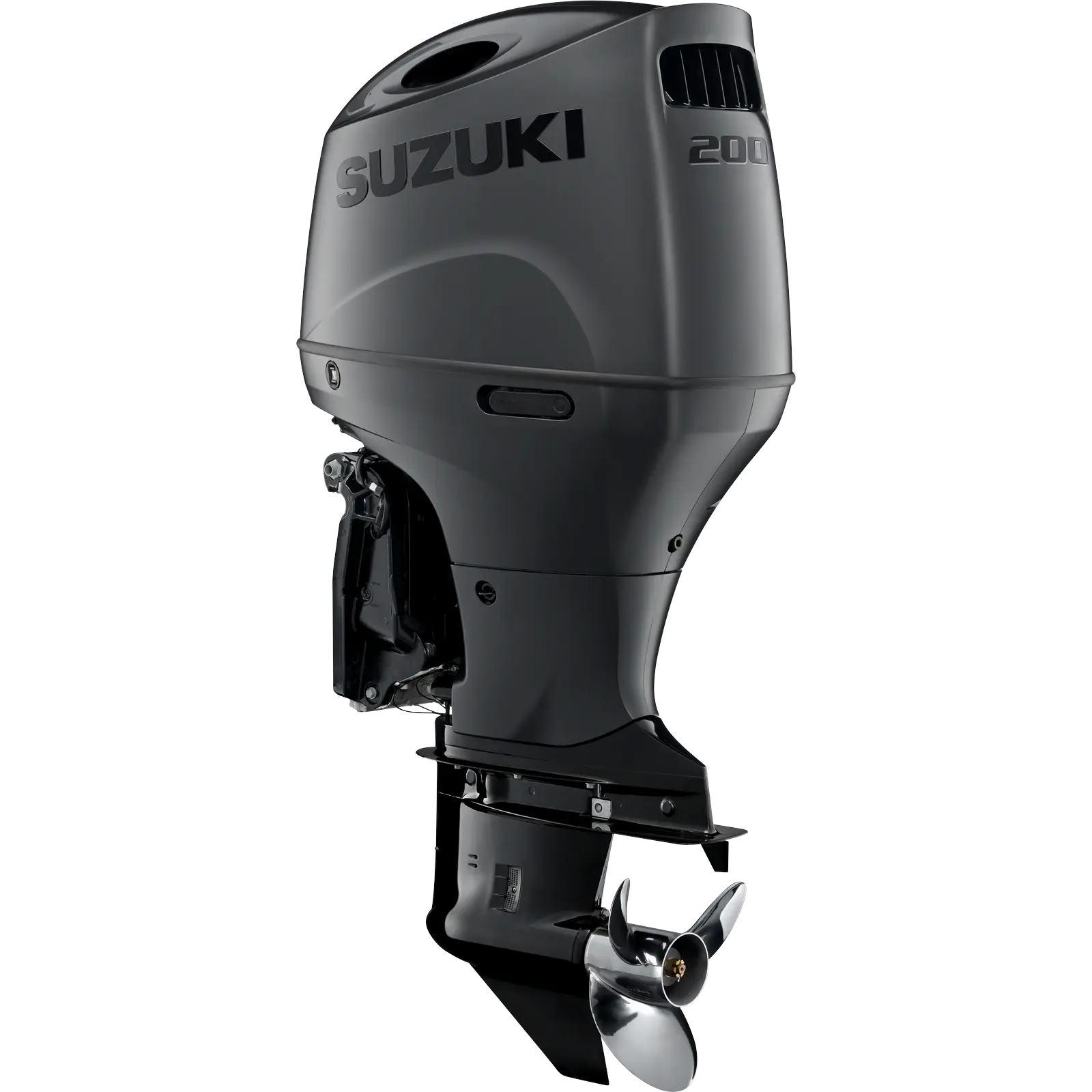 WEBDF200SS_a A sleek black outboard motor with propeller and venting details.