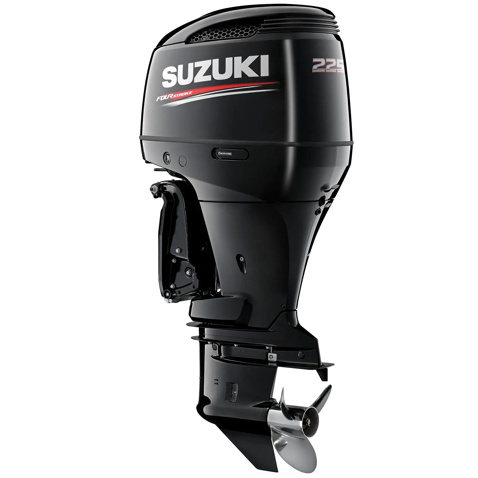 A sleek black outboard motor with propeller and branding details.