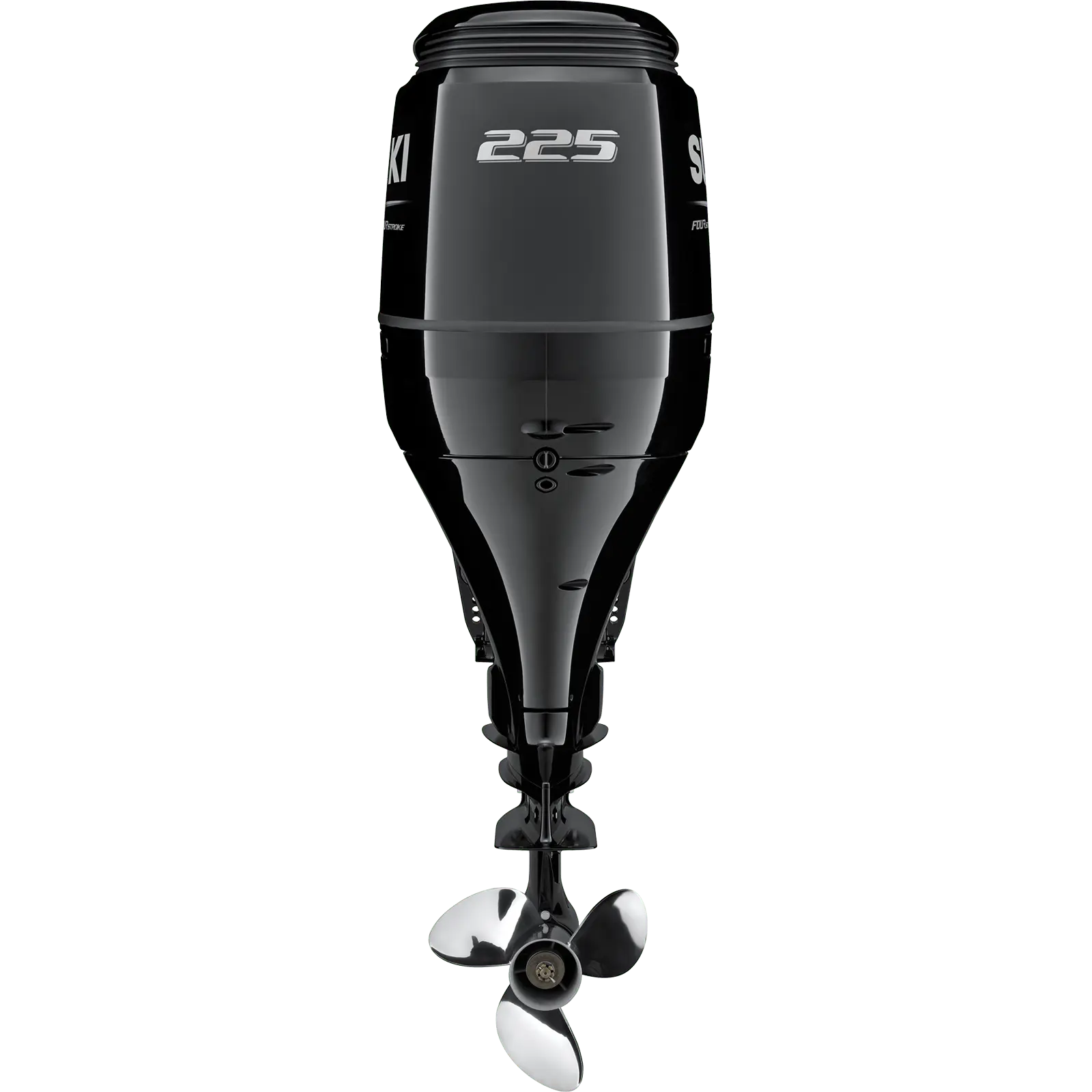 A sleek black outboard motor with propeller at bottom.