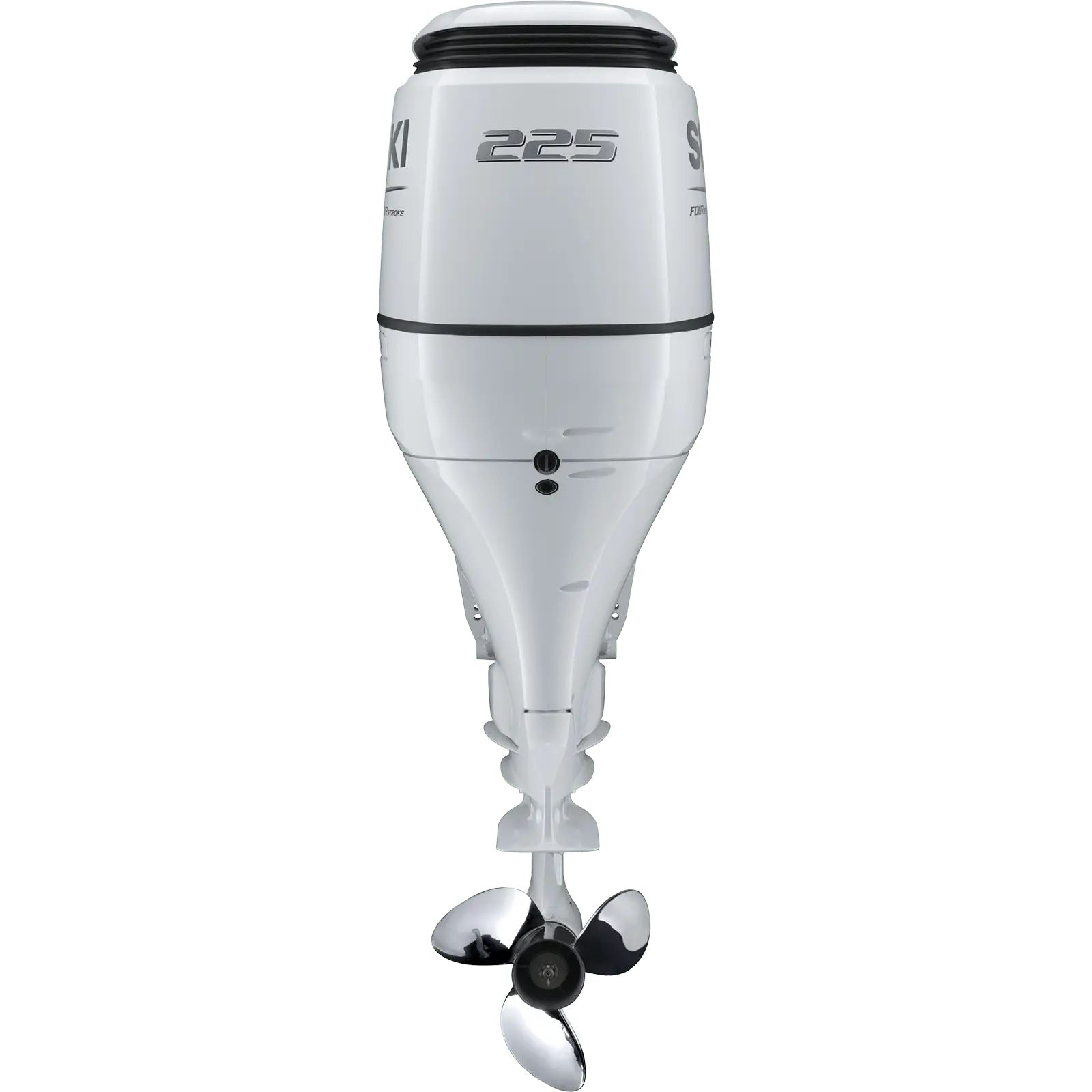 A white outboard motor with propeller and 225 horsepower marking.