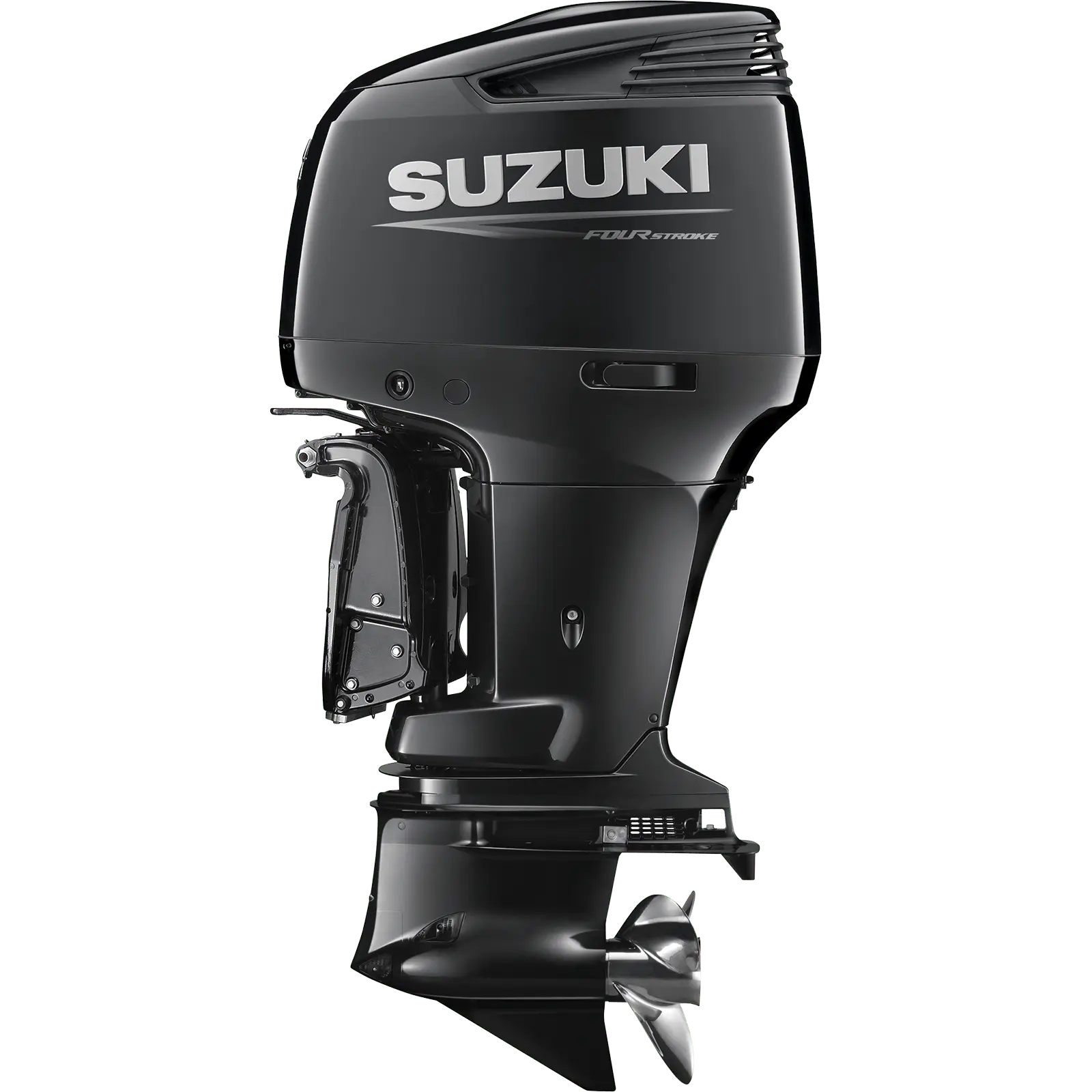 Black Suzuki four-stroke outboard motor with propeller and exhaust vent.