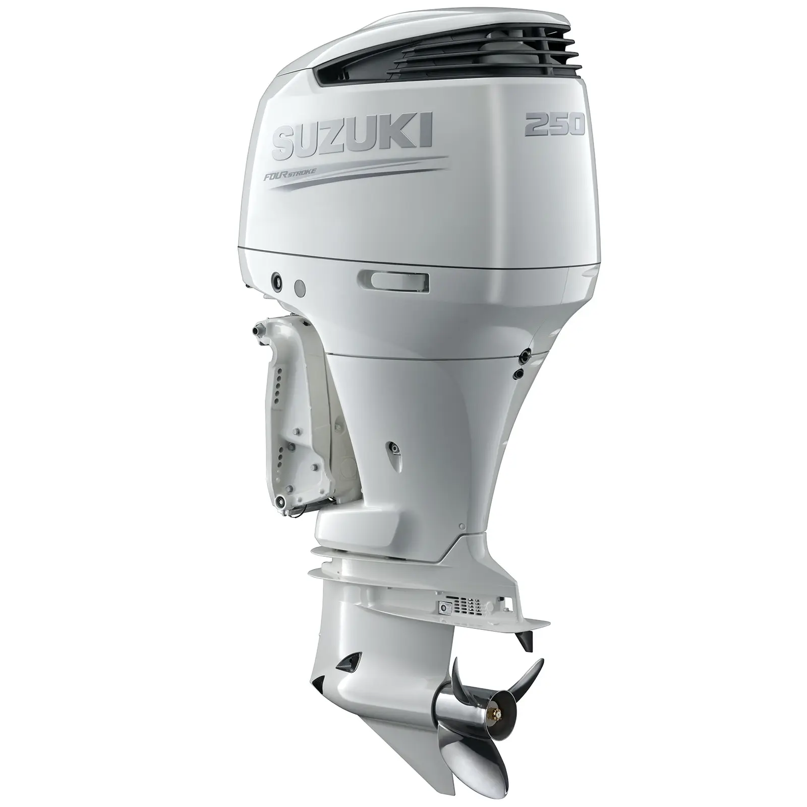 A white outboard motor with propeller and venting details.