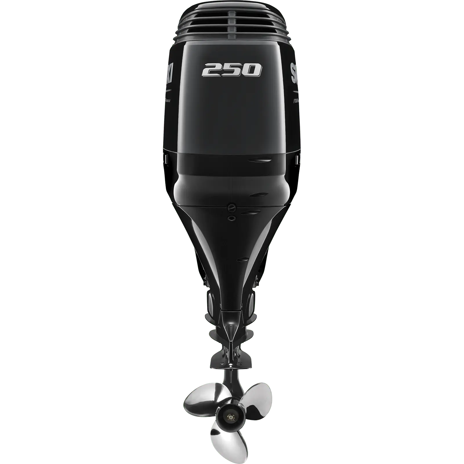 A sleek black outboard motor with propeller at bottom and "250" marking on top.