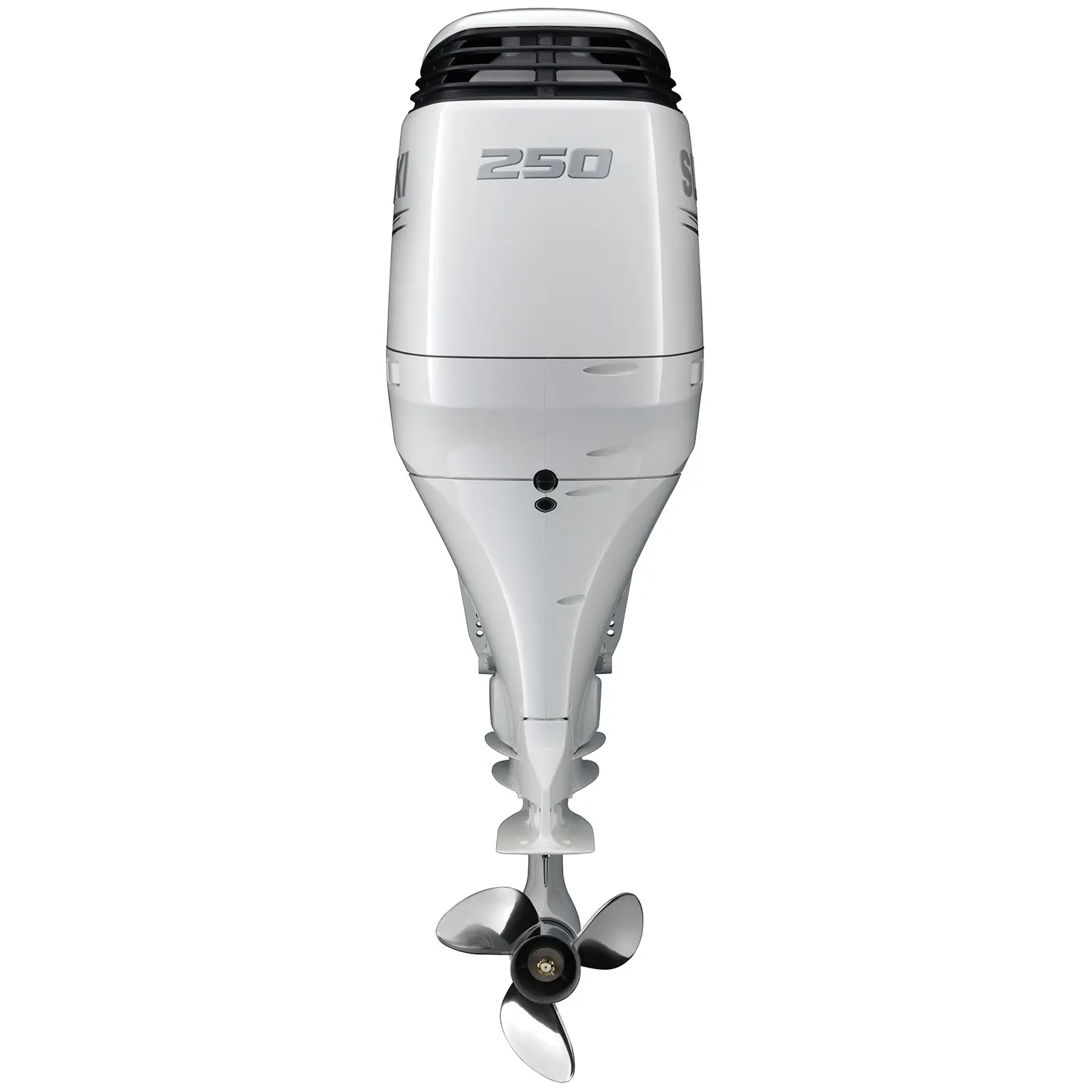 A white outboard motor with propeller and venting at top.