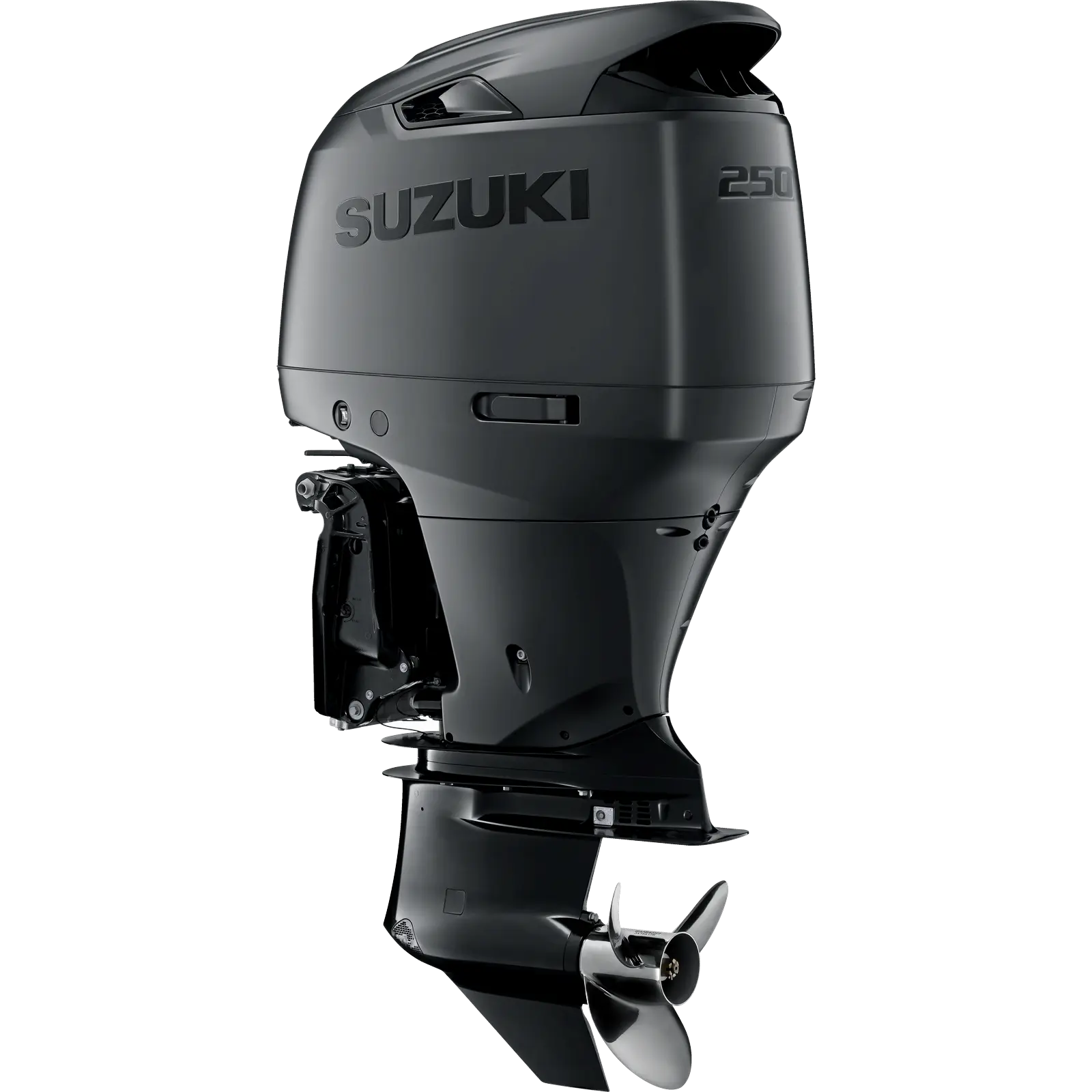 A sleek black outboard motor with propeller and branding details.